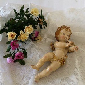 VINTAGE WOOD POLYCHROME CHARMING SCUPURAL CHERUB FLUTIST